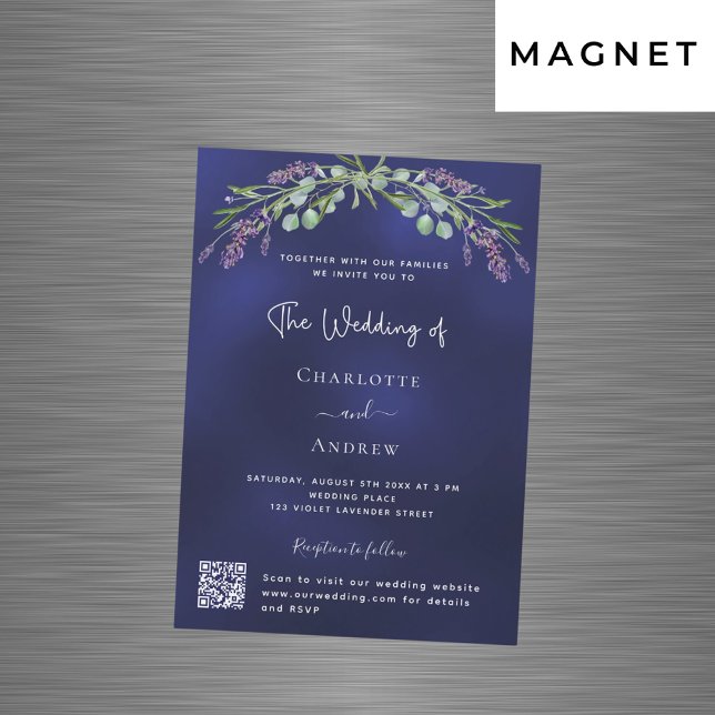 Lavender greenery blue QR OSA lyxury bröllop Magnetisk Inbjudningskort (Skapare uppladdad)