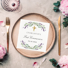 Lavender Greenery violet blommigts First Communion Pappersservett