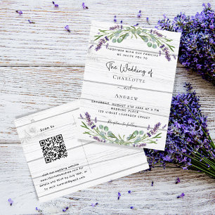 Lavender Greenery white wood QR-kod bröllop Inbjudan Vykort