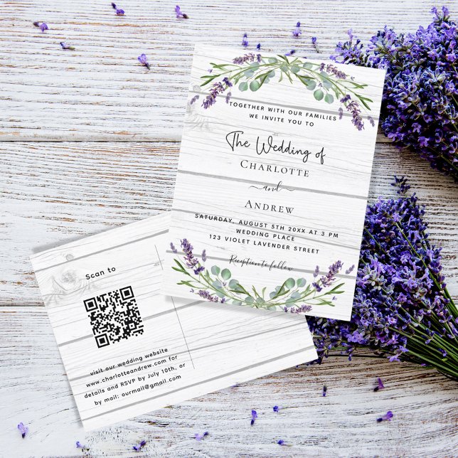 Lavender Greenery white wood QR-kod bröllop Inbjudan Vykort (Skapare uppladdad)