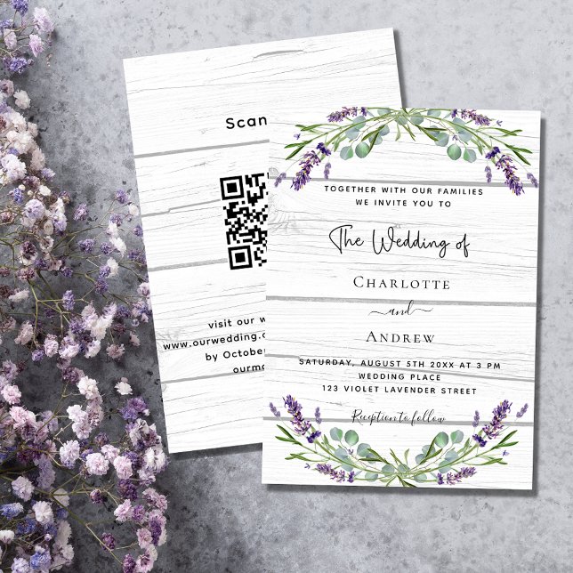 Lavender Greenery wood QR code lyxury bröllop Inbjudningar (Skapare uppladdad)