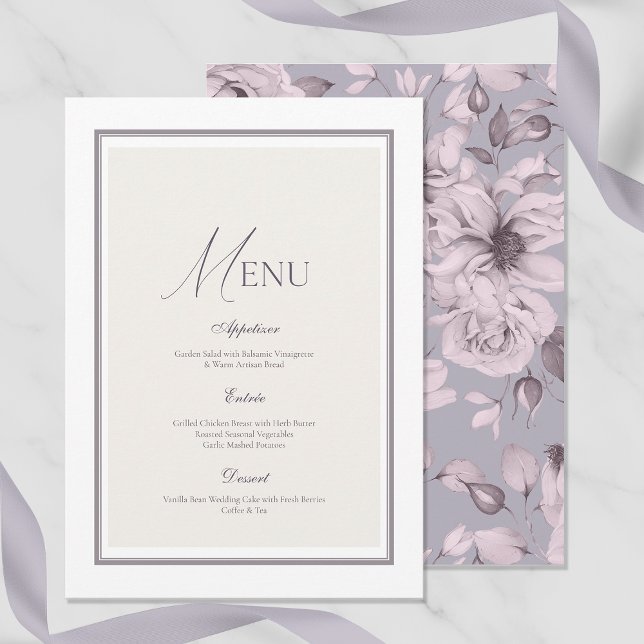 Lavender Grey Floral Wedding Menu Card Inbjudningar (Skapare uppladdad)