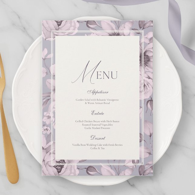 Lavender Grey Floral Wedding Menu Inbjudningar (Skapare uppladdad)
