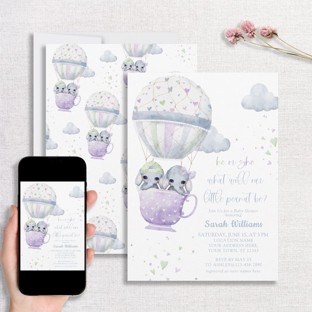 Lavender Grönt Gender Visa Elephant Baby Shower Inbjudningar (Skapare uppladdad)