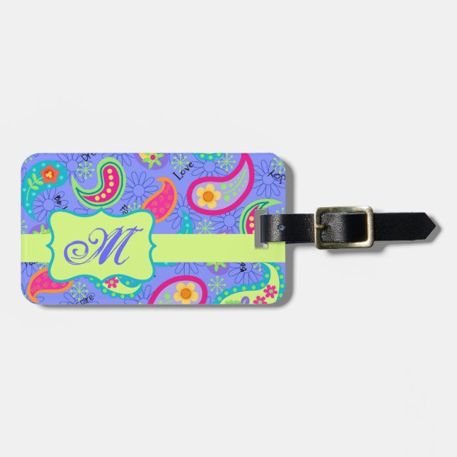 Lavender Grönt Modern Paisley Mönster Monogram Bagagebricka (Horisontell Framsida)