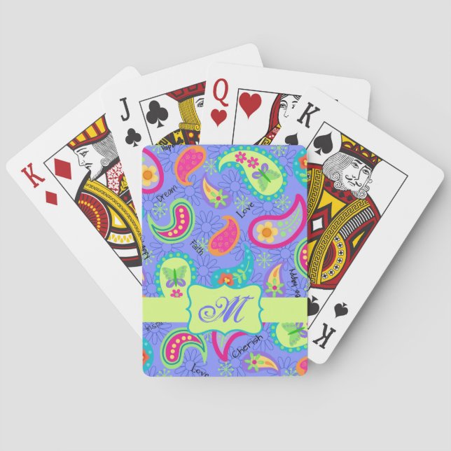 Lavender Grönt Modern Paisley Mönster Monogram Casinokort (Baksidan)