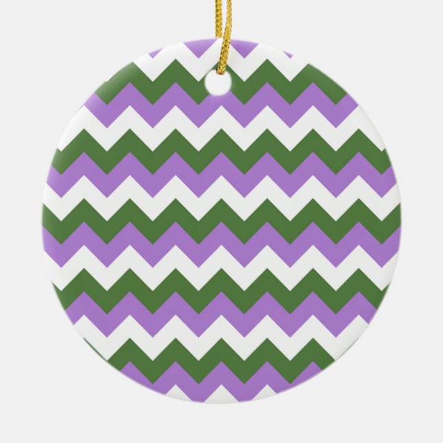 Lavender, Grönt och White Chevron Zigzag Julgransprydnad Keramik (Framsidan)
