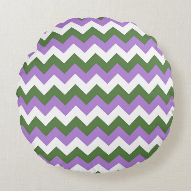 Lavender, Grönt och White Chevron Zigzag Rund Kudde (Framsidan)