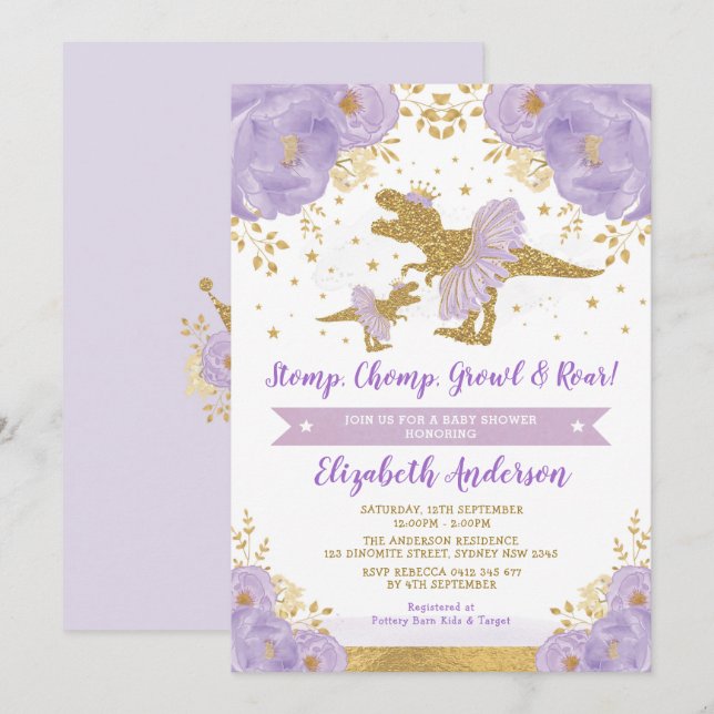 Lavender Guld Blommigt Dinosaur Girl Baby Shower Inbjudningar (Fram/baksida)