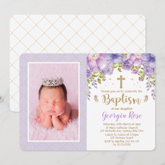 Lavender Guld Blommigt / Girl Baptism Christening Inbjudningar (Fram/baksida)