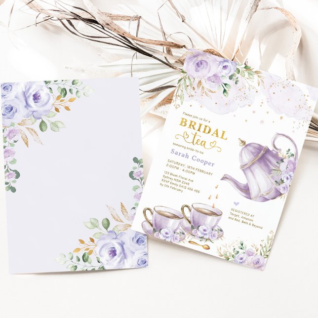 Lavender Guld Blommigt Möhippa Tea Party Inbjudningar (Skapare uppladdad)