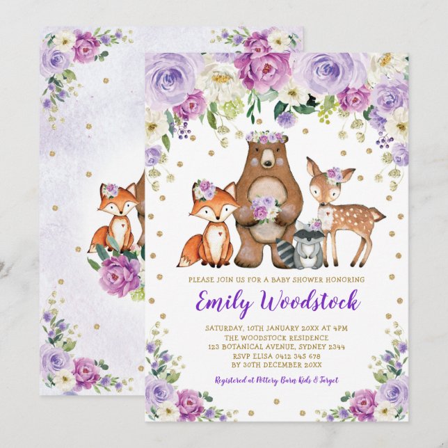 Lavender Guld Blommigt Woodland Animals Baby Showe Inbjudningar (Fram/baksida)