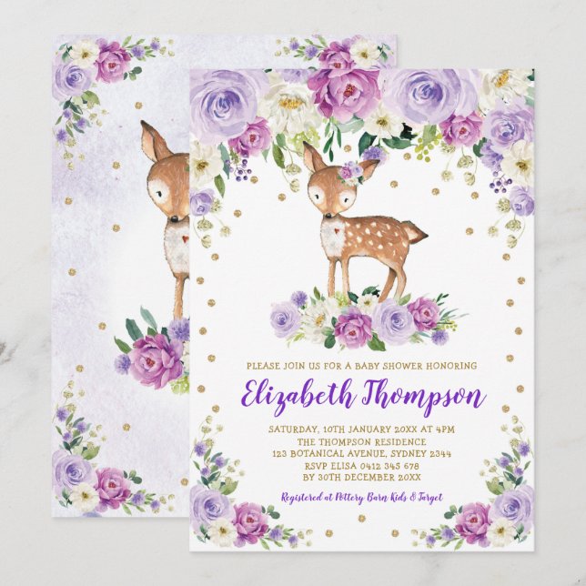 Lavender Guld Blommigt Woodland Hjort Baby Shower Inbjudningar (Fram/baksida)