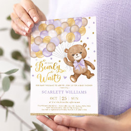 Lavender Guld Brown Nalle Girl Baby Shower Inbjudningar