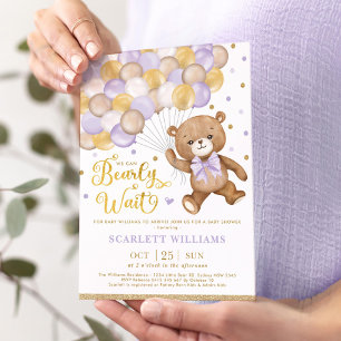 Lavender Guld Brown Nalle Girl Baby Shower Inbjudningar