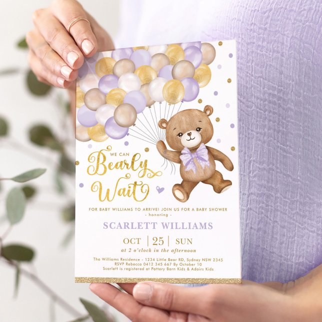 Lavender Guld Brown Nalle Girl Baby Shower Inbjudningar (Skapare uppladdad)