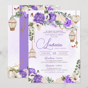 Lavender Guld Butterfly Blommigt Elegant Quinceañe Inbjudningar