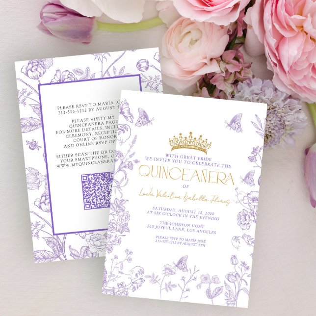 Lavender Guld Butterfly Quinceañera QR Quince Años Inbjudningar (Skapare uppladdad)