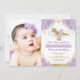 Lavender Guld Dinosaur T Rex Girl Birthday Photo Inbjudningar