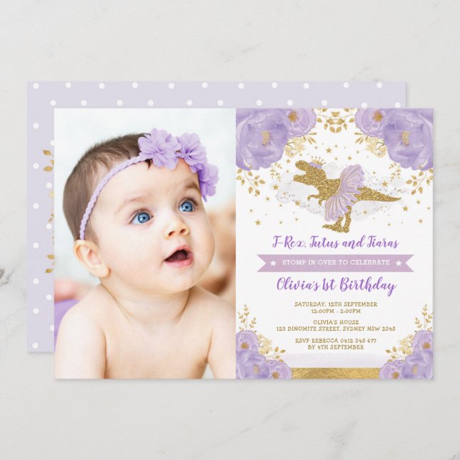 Lavender Guld Dinosaur T Rex Girl Birthday Photo Inbjudningar (Fram/baksida)