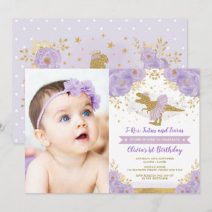 Lavender Guld Dinosaur T Rex Girl Birthday Photo Inbjudningar