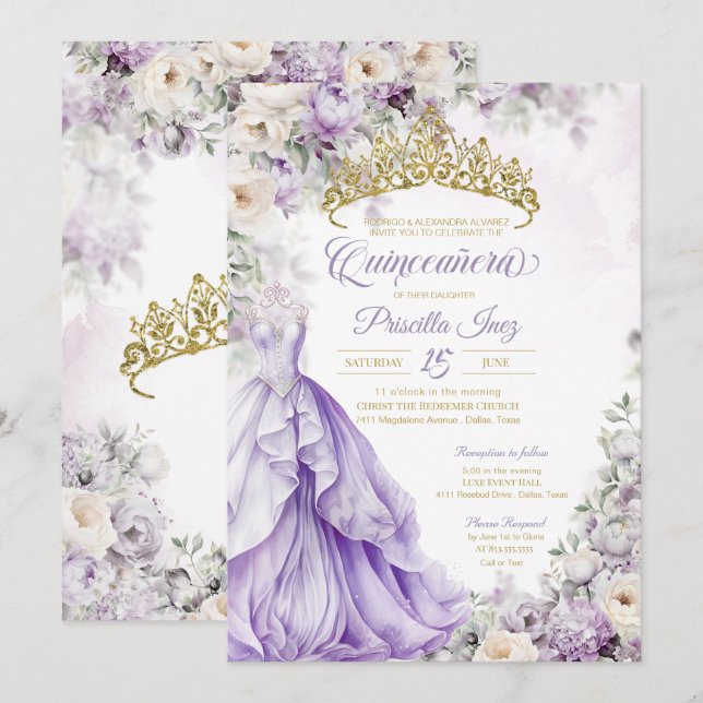 Lavender Guld Elegant Gown Princess Quinceañera Inbjudningar (Fram/baksida)