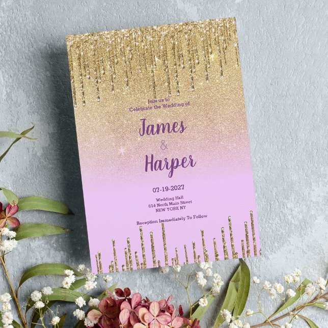 Lavender guld glitter ombre droppar lyxen Bröllop Inbjudningar (Lavender gold glitter ombre drips luxury Wedding)