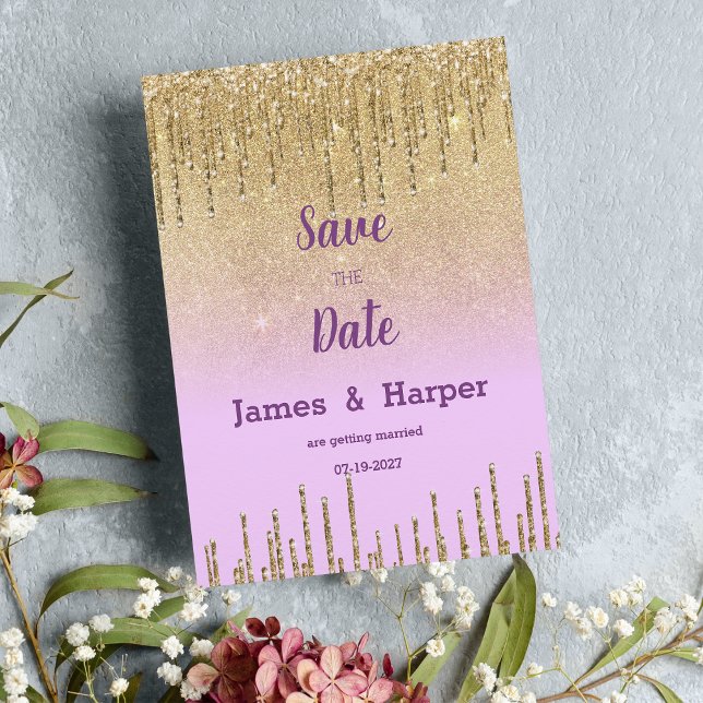 Lavender guld glitter ombre droppar Spara datum Inbjudningar (Lavender gold glitter ombre drip glam Save the Date)