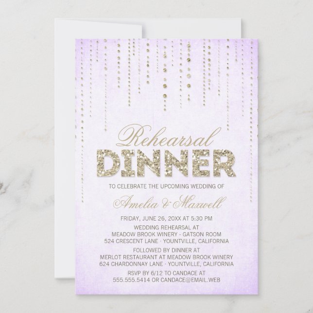 Lavender & Guld Glitter Se Rehearsal Dinner Inbjudningar (Framsida)