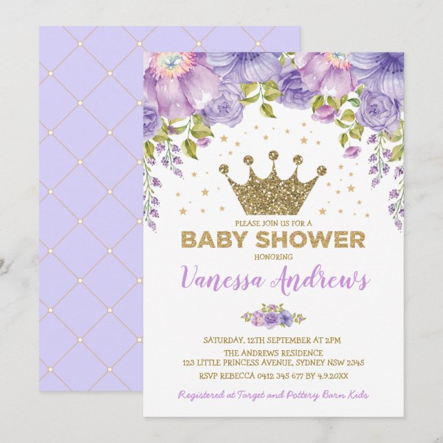Lavender Guld Krona Princess Blommigt Baby Shower Inbjudningar (Fram/baksida)