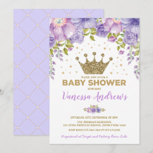 Lavender Guld Krona Princess Blommigt Baby Shower Inbjudningar