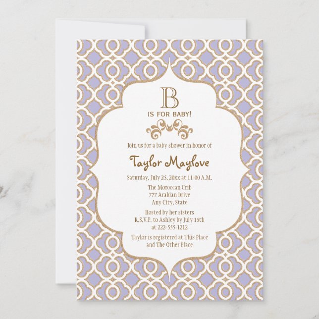 Lavender Guld Moroccan Baby Shower-inbjudningar Inbjudningar (Framsida)