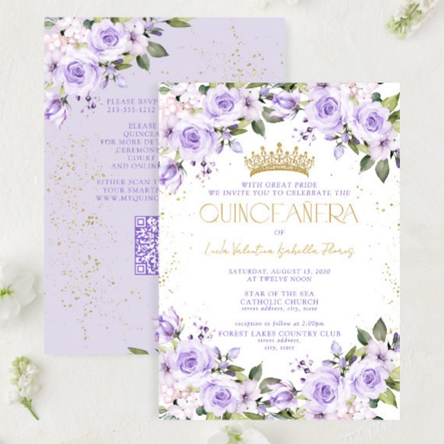 Lavender Guld QR Quinceañera Mis Quince 15 Años Inbjudningar (Skapare uppladdad)