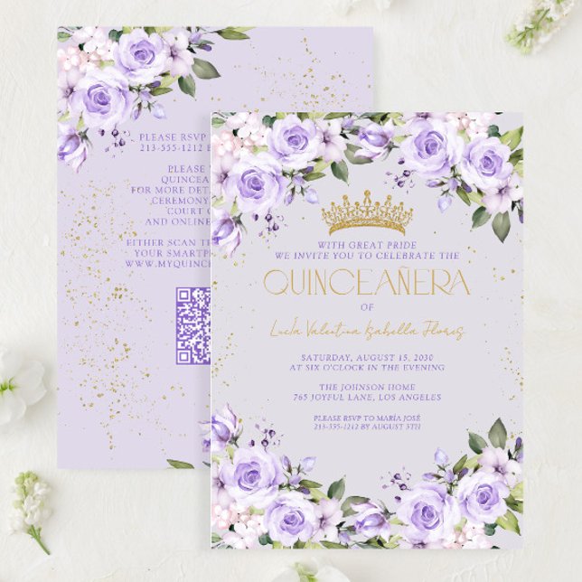 Lavender Guld Quinceañera Mis Quince QR Inbjudningar (Skapare uppladdad)