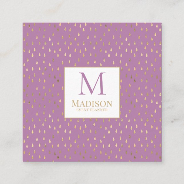 Lavender Guld RainDrop Modern Trendig Monogram Fyrkantigt Visitkort (Framsida)