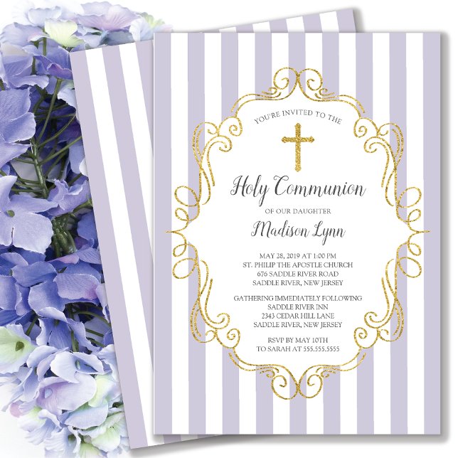 Lavender & Guld Ram Första Heligan Communion Inbjudningar (Skapare uppladdad)