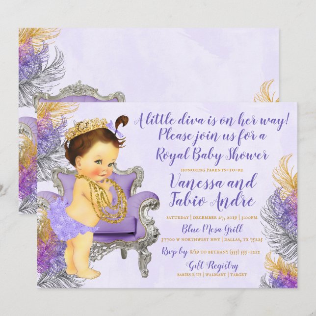 Lavender Guld Silver Watercolor Baby Shower Inbjudningar (Fram/baksida)