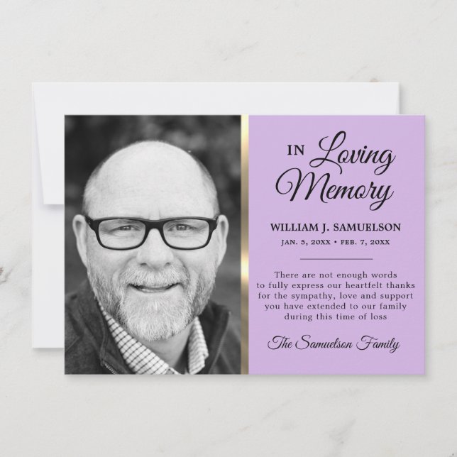 Lavender Guld Sympathy Funeral Memory Photo Tack Kort (Framsida)
