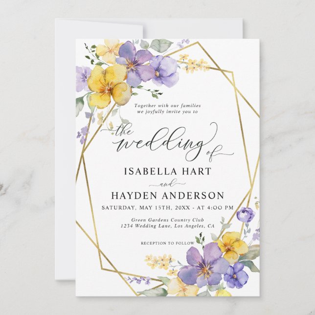 Lavender Gult Chic Blommigt Guld Ram Bröllop Inbjudningar (Framsida)