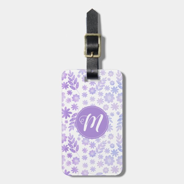 Lavender Hand plockade Blommönster & Monogram Bagagebricka (Vertikal Framsida)