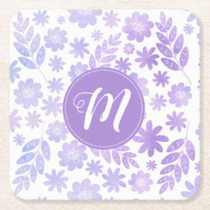 Lavender Hand plockade Blommönster & Monogram Underlägg Papper Kvadrat
