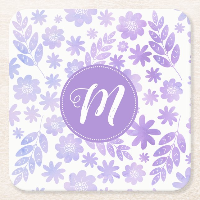 Lavender Hand plockade Blommönster & Monogram Underlägg Papper Kvadrat (Framsidan)