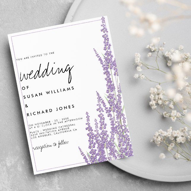 Lavender, handskrivet skript blommigt bröllop inbjudningar (Lavender white handwritten script floral wedding invitation )
