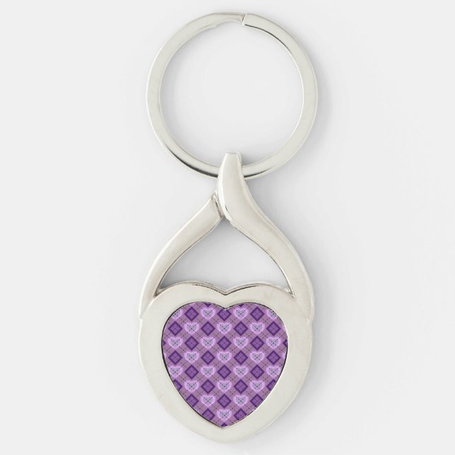 Lavender Heart Purple Diamond Argyle Pattern Twisted Heart Silverfärgad Nyckelring (Framsidan)