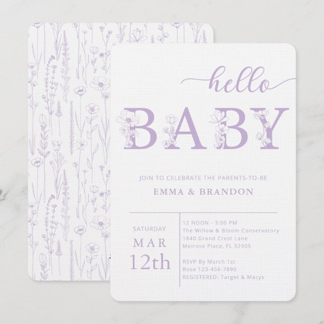 Lavender Hello Baby Wildflower Invitation Inbjudningar (Fram/baksida)