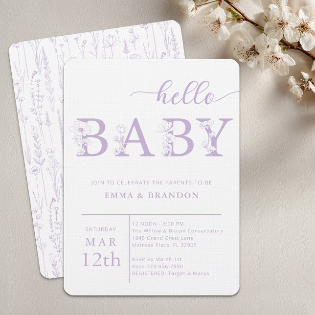 Lavender Hello Baby Wildflower Invitation Inbjudningar (Lavender Baby Shower Invite)
