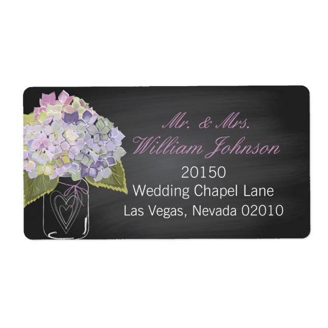 Lavender Hydrangea Burk Chalkboard Bröllop-etikett Fraktsedel (Framsidan)