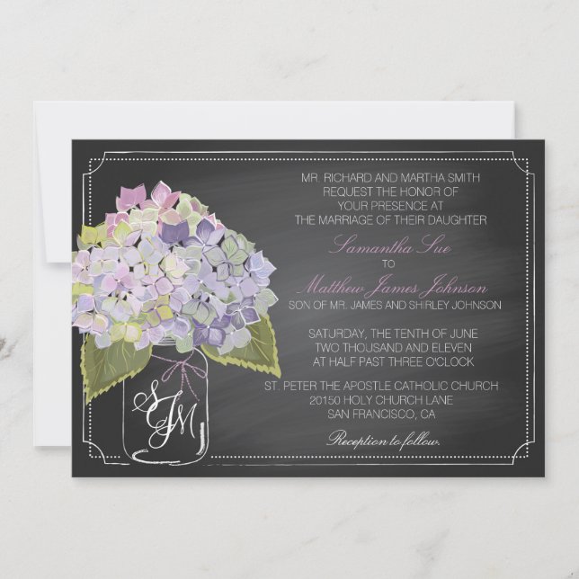 Lavender Hydrangea Chalkboard Rustic Bröllop Inbjudningar (Framsida)