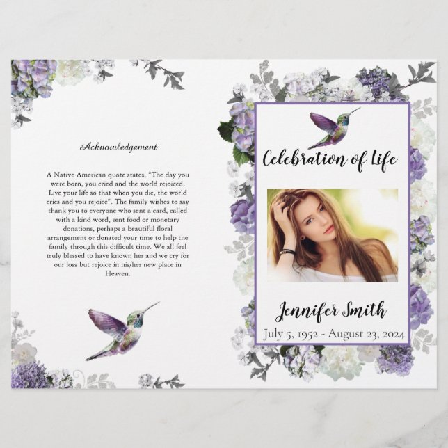 Lavender Hydrangea Hummingbird FuneralFlyer Reklamblad (Framsidan)