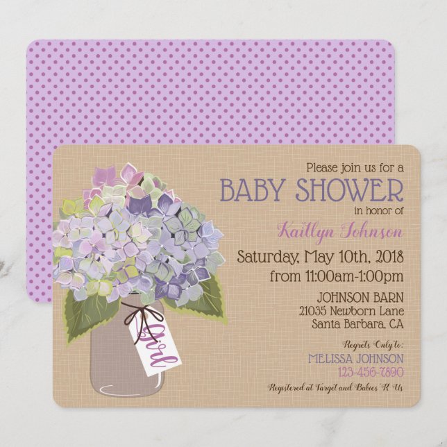 Lavender Hydrangea Mason Burk Rustic Baby Shower Inbjudningar (Fram/baksida)